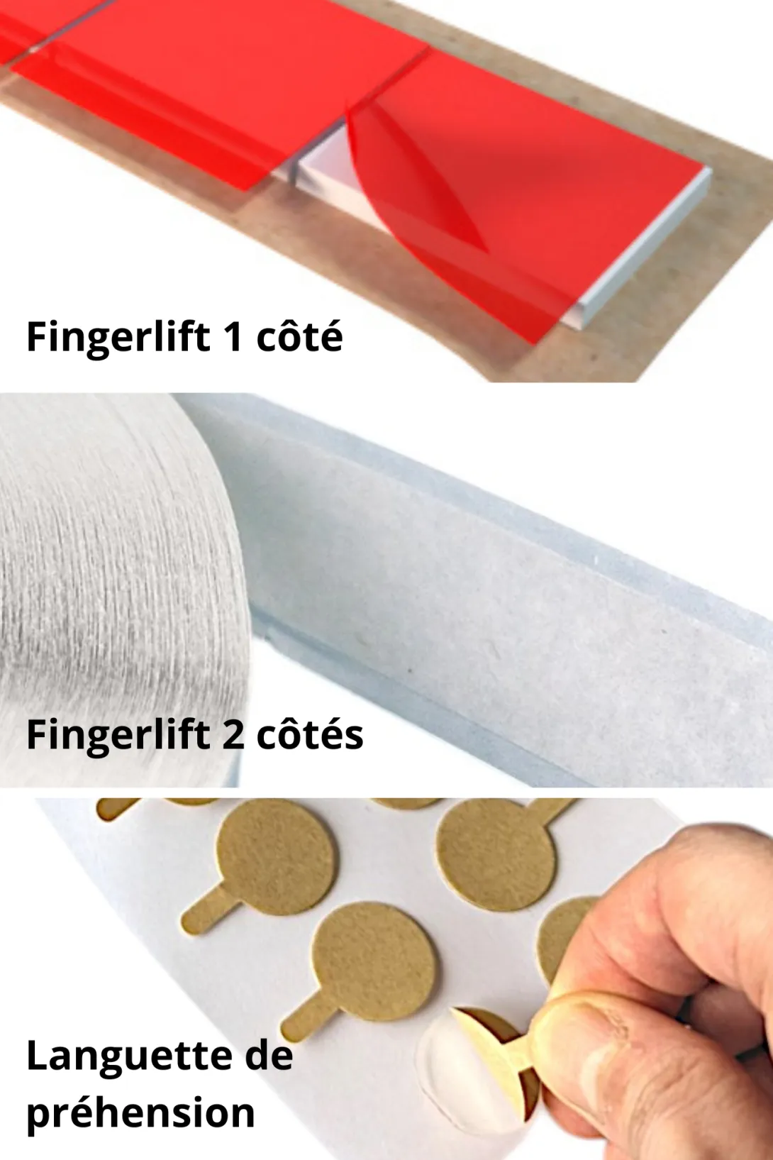 Types d'adhésifs avec fingerlift 1 côté, fingerlift 2 côtés et languette de préhension pour un retrait facile