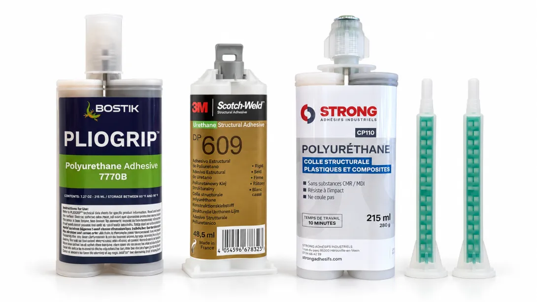 Colles polyuréthane structurales Bostik Pliogrip, 3M Scotch-Weld et Strong CP110 avec buses mélangeuses Adezif