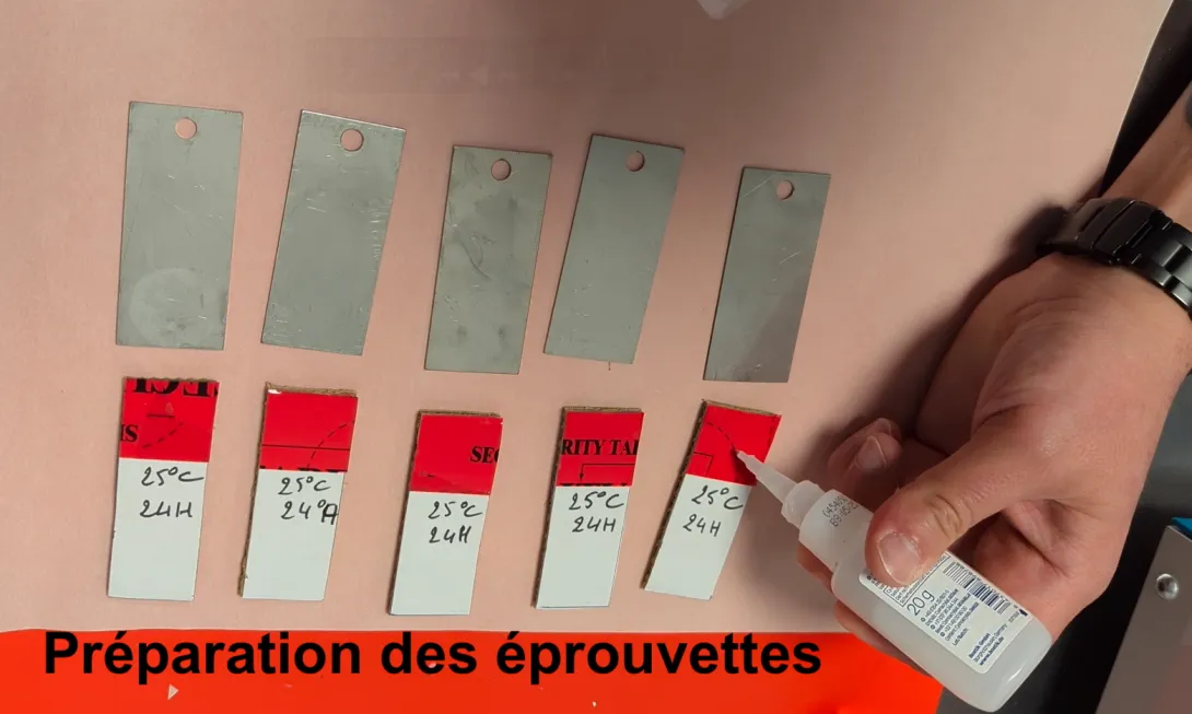 Préparation d’éprouvettes pour un test d’adhésion avec colle et ruban adhésif