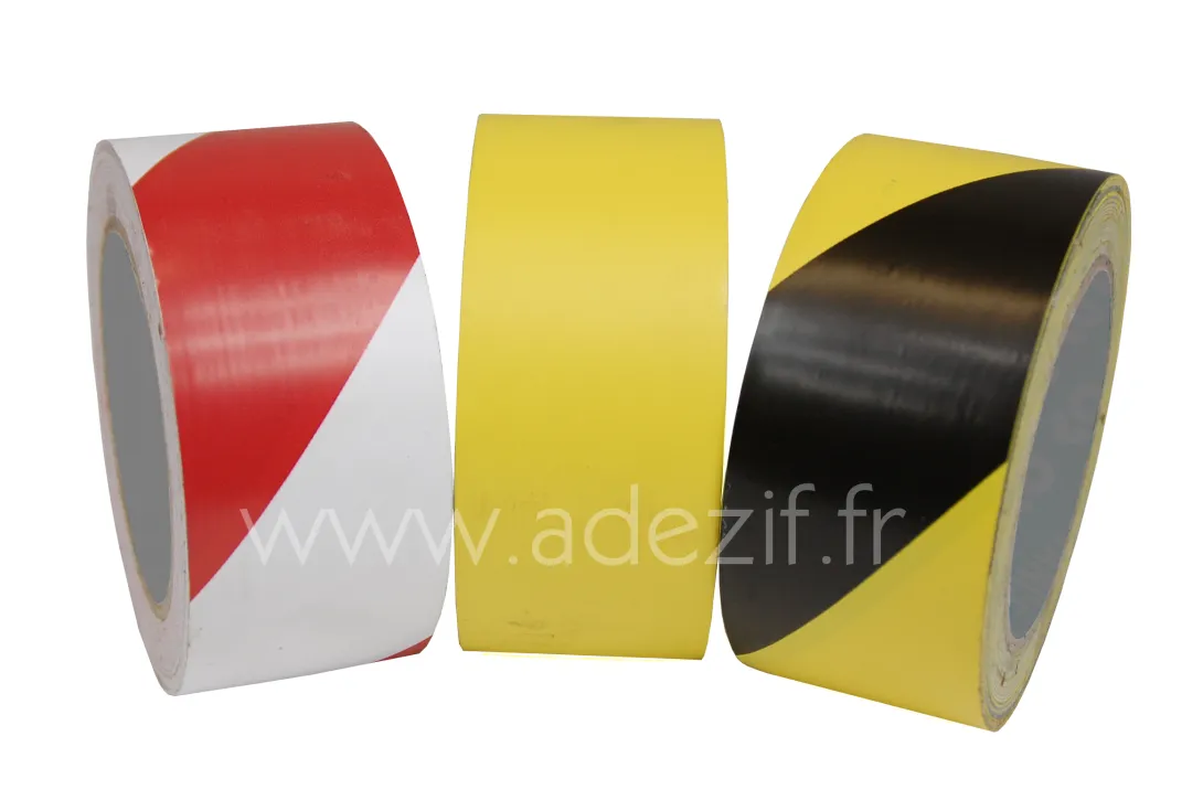 Ruban adhésif marquage au sol économique ADEZIF 8 hachuré rouge/blanc, jaune et hachuré jaune/noir