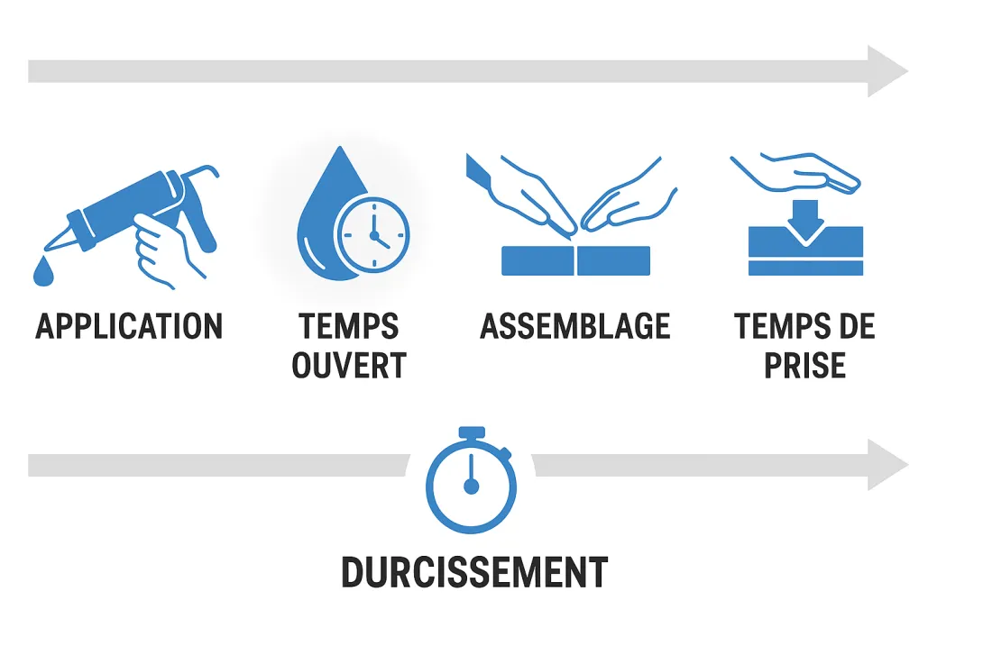 Temps de réaction des colles industrielles ADEZIF : temps ouvert, temps de travail, temps de manipulation, temps de polymérisation